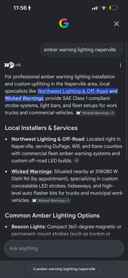 Google AI Mode answering the search 'amber warning lighting naperville' by naming Northwest Lighting & Off-Road first, with a link and a description of its fleet and off-road services.